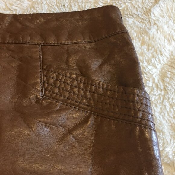 Cognac Vegan Leather Zip Up High Waist Mini Skirt - Picture 3 of 16